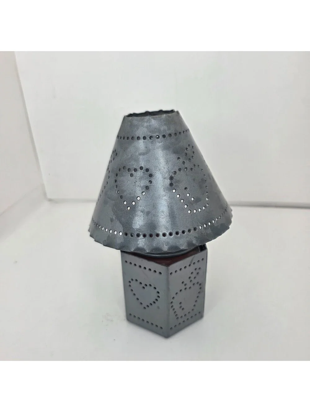 Vtg Home Interiors Punched Tin Candle Lamp Holder & Shade Apples Hearts Design